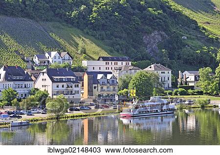 Stock Image - View from Kues across the Moselle River towards Bernkastel, Bernkastel-Kues, Rhineland-Palatinate, Germany, Europe, PublicGround, Europe. Fotosearch