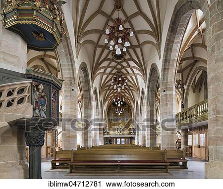 Stock Image - View from the choir in the nave with pulpit, protestant municipal church Balingen, Baden-Württemberg, Germany, Europe. Fotosearch