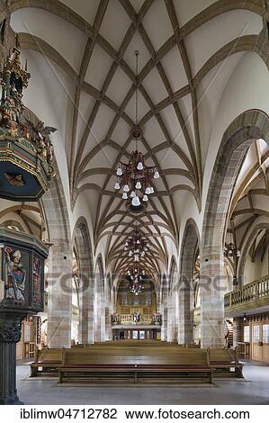 Stock Image - View from the choir in the nave with pulpit, protestant municipal church Balingen, Baden-Württemberg, Germany, Europe. Fotosearch