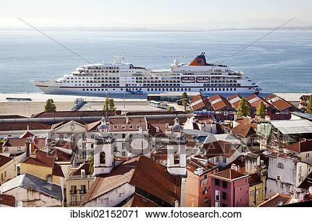 View from the Miradouro da Santa Luzia lookout over the district of Alfama towards the Rio Tejo River, where the cruise ship MS Europa from the Hapag Lloyd company is anchored, Lisbon, Portugal, Europe View Large Photo Image Stock Image - View from the Miradouro da Santa Luzia lookout over the district of Alfama towards the Rio Tejo River, where the cruise ship MS Europa from the Hapag Lloyd company is anchored, Lisbon, Portugal, Europe. Fotosearch