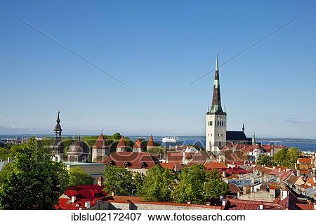 Stock Photo - View from Toompea, Cathedral Hill, to the city walls, St. Olaf's Church and the old town, UNESCO World Heritage Site, Tallinn, Estonia, Baltic States, Northern Europe, Europe. Fotosearch