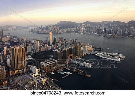 Stock Image - View of Hong Kong Island from the International Commerce Centre, Kowloon, Hong Kong, China, Asia. Fotosearch