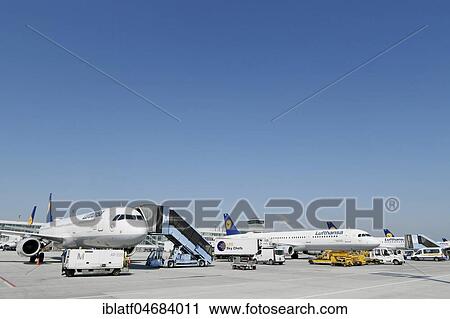 View of the East Apron, with Lufthansa Line Up, Munich Airport, Upper Bavaria, Bavaria, Germany, Europe View Large Photo Image Stock Image - View of the East Apron, with Lufthansa Line Up, Munich Airport, Upper Bavaria, Bavaria, Germany, Europe. Fotosearch