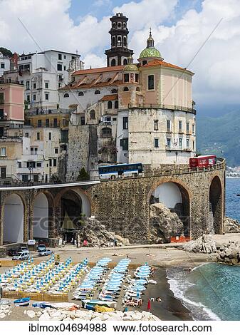 Stock Photo - View of the village with lido and church Collegiate Santa Maria Maddalena, Arani, region Amalfi, Amalfi coast, Campania, Italy, Europe. Fotosearch