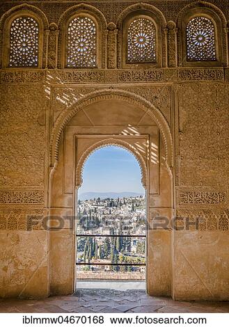 View through an archway decorated with arabesques, Moorish ornaments, Summer Palace Generalife, Palacio de Generalife, Granada, Andalusia, Spain, Europe View Large Photo Image Stock Photo - View through an archway decorated with arabesques, Moorish ornaments, Summer Palace Generalife, Palacio de Generalife, Granada, Andalusia, Spain, Europe. Fotosearch