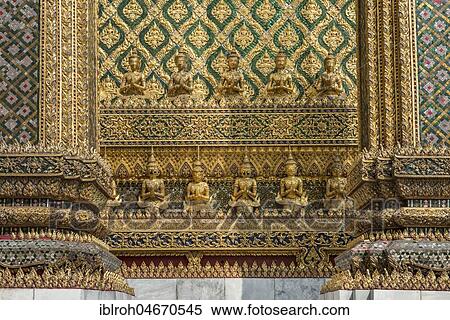Stock Photography - Wall decoration, gilded figures, Prasat Phra Dhepbidorn, Royal Pantheon, Wat Phra Kaeo, Bangkok, Thailand, Asia. Fotosearch