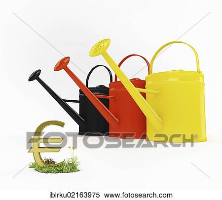 Stock Photography - Watering cans in the German national colours beside a euro symbol, symbolic image of a euro plant, illustration, 3D visualisation. Fotosearch