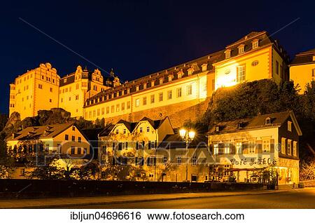 Weilburg Castle, reflection in the river Lahn, at night, Weilburg an der Lahn, Hesse, Germany, Europe View Large Photo Image Stock Photograph - Weilburg Castle, reflection in the river Lahn, at night, Weilburg an der Lahn, Hesse, Germany, Europe. Fotosearch