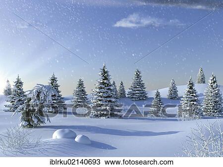 Stock Image - Winter landscape, illustration. Fotosearch