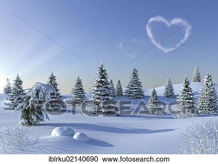Stock Image - Winter landscape with a heart-shaped cloud, illustration. Fotosearch
