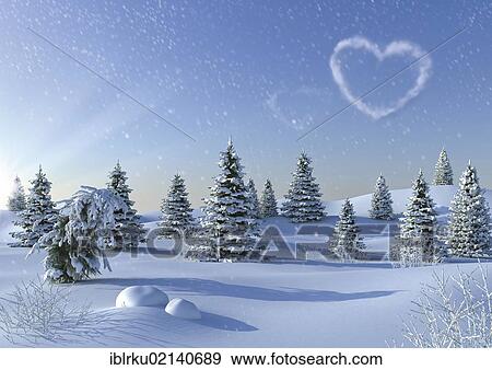 Stock Photo - Winter landscape with a heart-shaped cloud, illustration. Fotosearch