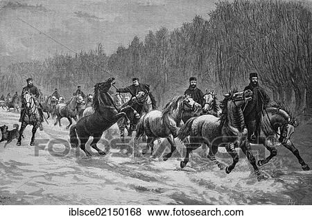 Stock Photo - Winter promenade of North American artillery horses, historical woodcut, circa 1870. Fotosearch