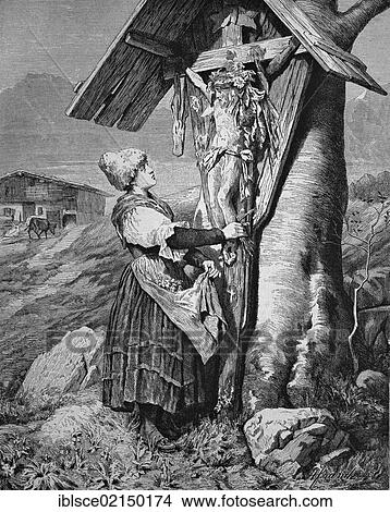 Woman in front of a wayside cross in the Alps, historical woodcut, circa 1870 View Large Photo Image Picture - Woman in front of a wayside cross in the Alps, historical woodcut, circa 1870. Fotosearch