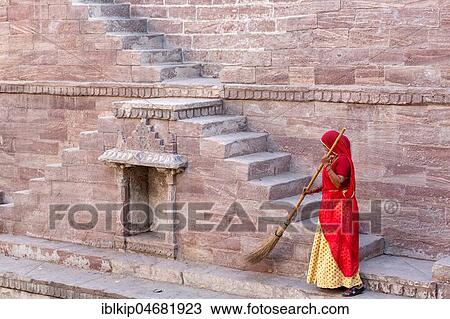 Woman in Sari cleaning the steps at Toorji Ka Jhalara, The Step Well, Jodhpur, Rajasthan, India, Asia View Large Photo Image Stock Image - Woman in Sari cleaning the steps at Toorji Ka Jhalara, The Step Well, Jodhpur, Rajasthan, India, Asia. Fotosearch