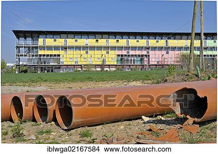 Picture - Wood skeleton construction on stilts, University of Ulm, Engineering Sciences faculty, Institute of Microelectronics, information technology, circuit board technologies, Ulm, Baden-Wuerttemberg, Germany, Europe, PublicGround, Europe. Fotosearch