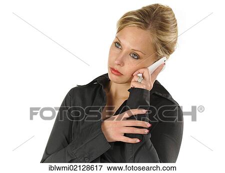 Stock Photo - Young woman receiving sad news on the phone, smartphone, iPhone, white. Fotosearch