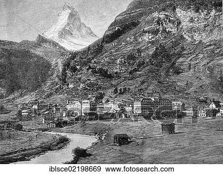 Zermatt and Matterhorn mountain, Switzerland, historic wood engraving, about 1897, Europe View Large Photo Image Stock Photo - Zermatt and Matterhorn mountain, Switzerland, historic wood engraving, about 1897, Europe. Fotosearch