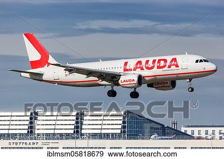 Stock Photo - A Lauda Airbus A320 aircraft with the registration OE-LOI lands at Stuttgart Airport (STR), Stuttgart, Germany, Europe. Fotosearch
