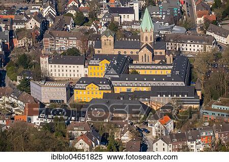 Stock Photography - Aerial view, Folkwang University of the Arts with Basilica St. Ludgerus, Essen-Werden, Essen, North Rhine-Westphalia, Germany, Europe. Fotosearch