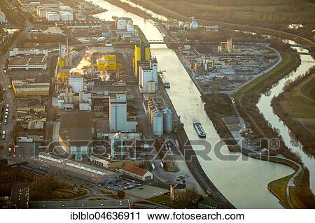 Stock Image - Aerial view, Harbour Hamm, Oil Mill Brökelmann, Boelio, Lippe, Datteln-Hamm Canal, Hamm, Ruhr Area, North Rhine-Westphalia, Germany, Europe. Fotosearch