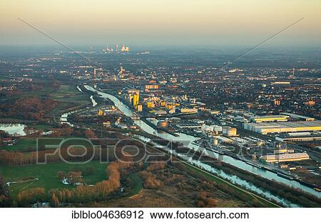 Stock Image - Aerial view, Harbour Hamm, Oil Mill Brökelmann, Boelio, Lippe, Datteln-Hamm Canal, Hamm, Ruhr Area, North Rhine-Westphalia, Germany, Europe. Fotosearch