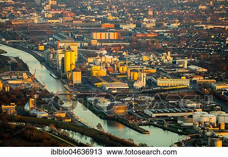 Stock Image - Aerial view, Harbour Hamm, Oil Mill Brökelmann, Boelio, Lippe, Datteln-Hamm Canal, Hamm, Ruhr Area, North Rhine-Westphalia, Germany, Europe. Fotosearch