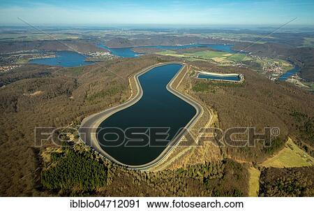 Aerial view, High storage basin, water storage, behind Edersee, Edertal, North Hesse, Hesse, Germany, Europe View Large Photo Image Stock Image - Aerial view, High storage basin, water storage, behind Edersee, Edertal, North Hesse, Hesse, Germany, Europe. Fotosearch