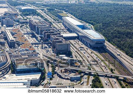 Stock Image - Aerial view The Squaire building and motorway A3 at Frankfurt Airport FRA, Frankfurt, Germany, Europe. Fotosearch