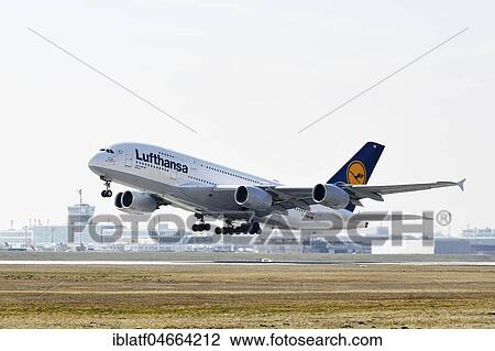 Stock Image - Airbus, A380-800, Lufthansa, takeoff, runway north, in the back tower, Munich airport, Upper Bavaria, Bavaria, Germany, Europe. Fotosearch