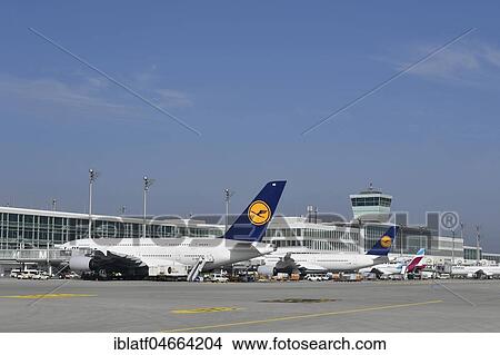 Picture - Aircraft Airbus, A380-800, Lufthansa, at check-in position, Terminal 2, Munich Airport, Upper Bavaria, Bavaria, Germany, Europe. Fotosearch