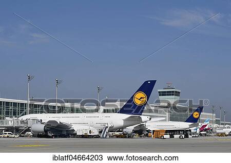Stock Image - Aircraft Airbus, A380-800, Lufthansa, at check-in position, Terminal 2, Munich Airport, Upper Bavaria, Bavaria, Germany, Europe. Fotosearch