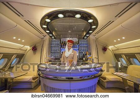 Stock Image - Airline Emirates presents new on-board bar for the Airbus A380, ITB, International Tourism Fair Berlin, Germany, Europe. Fotosearch