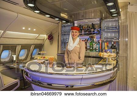 Stock Photo - Airline Emirates presents new on-board bar for the Airbus A380, ITB, International Tourism Fair Berlin, Germany, Europe. Fotosearch