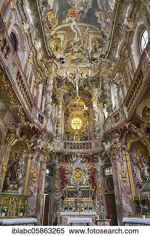 Stock Photography - Altar room with frescoes and ornaments, late baroque St. John Nepomuk Church, Asam Church Church, Sendlinger Straße, Old Town, Munich, Upper Bavaria, Bavaria, Germany, Europe. Fotosearch