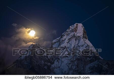 Picture - Ama Dablam 6812 m in the evening light with moon, Matterhorn of Nepal, Mahalangur Himal, Solu Khumbu, Nepal, Himalaya, Asia. Fotosearch