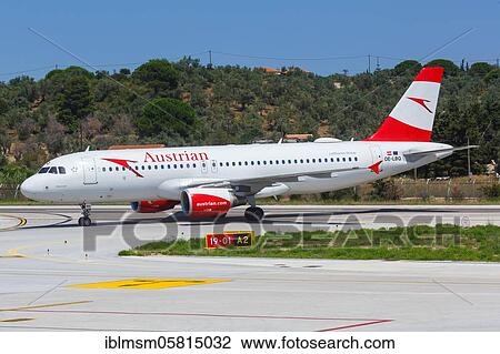 Stock Image - An Airbus A320 of Austrian Airlines with the registration OE-LBQ at Skiathos Airport (JSI), Skiathos, Greece, Europe. Fotosearch