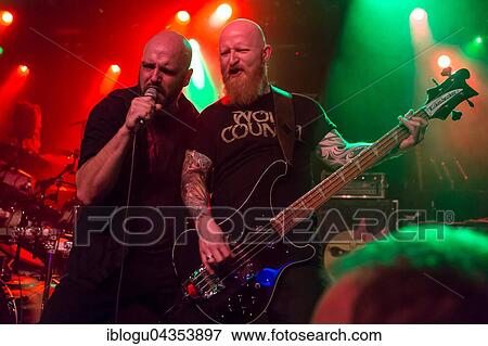 Stock Photo - Andre Ellenberger singer and bass player Ralf Garcia from the Swiss metal band Piranha live in the Schüür Lucerne, Switzerland, Europe. Fotosearch