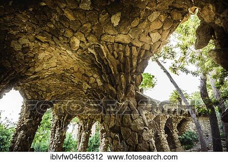 Stock Image - Arcade of a pedestrian bridge, architect Antoni Gaudi, Park Güell, Barcelona, Katalonien, Spain, Europe. Fotosearch