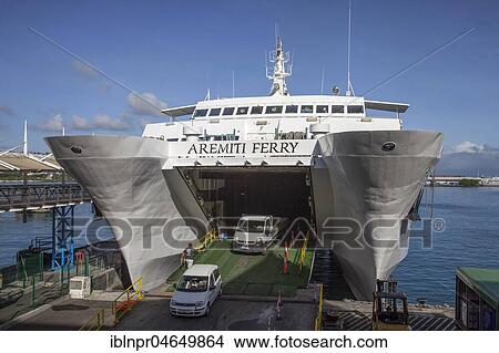 Picture - Aremiti Ferry anchored in the port, Ferry to Moorea, Catamaran, Papeete, Tahiti, French Polynesia, Oceania. Fotosearch