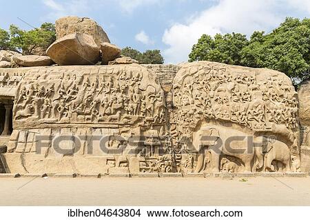 Picture - Arjunas's penance, Pallava heritage site, Mahabalipuram, Tamil Nadu, India, Asia. Fotosearch