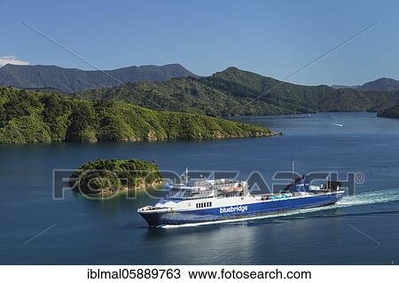 Stock Image - Arriving ferry from the North Island, Picton, Marlborough Sounds, South Island, New Zealand, Oceania. Fotosearch