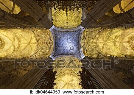 Stock Photo - Artistic vaulted ceiling, cathedral of Seville, Seville, Andalusia, Spain, Europe. Fotosearch