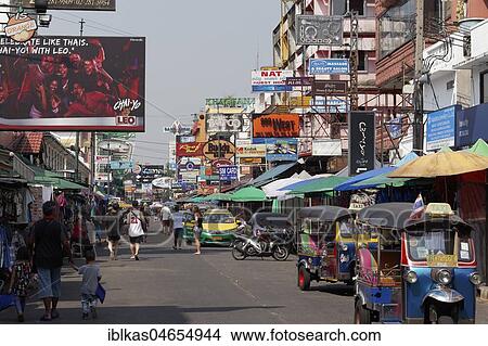 Auto rickshaws and tourists on Khao San Road, Khaosan Road, Banglamphu, Phra Nakhon, Bangkok, Thailand, Asia View Large Photo Image Picture - Auto rickshaws and tourists on Khao San Road, Khaosan Road, Banglamphu, Phra Nakhon, Bangkok, Thailand, Asia. Fotosearch