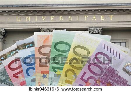 Stock Photograph - Bank notes in front of the university, symbol image for tuition fees, education and financing. Fotosearch