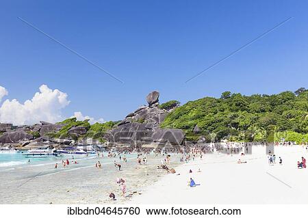 Stock Image - Bathing beach and sail rock, Ko Similan, Mu Ko Similan National Park, Similan Islands, Phang Nga province, Thailand, Asia. Fotosearch