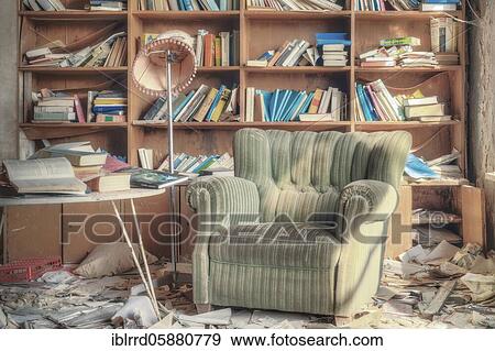 Stock Photo - Bookroom, Lost Place, Urologist Villa, Hesse, Germany, Europe. Fotosearch