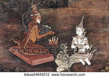 Stock Image - Brahmane, Rama and Sita, scene from Ramakia, wall painting in Wat Phra Kaeo, Ko Ratanakosin, Bangkok, Thailand, Asia. Fotosearch