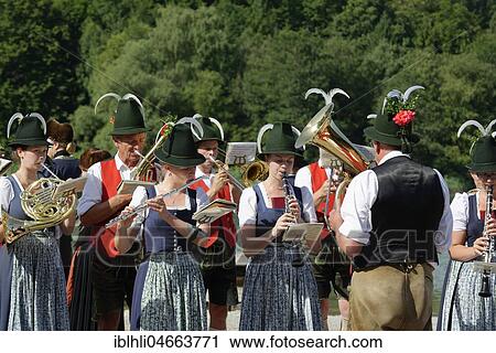 Stock Image - Brass band wearing traditional costumes, Schliersee, Upper Bavaria, Bavaria, Germany, Europe. Fotosearch