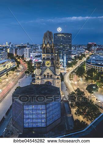Stock Image - Breitscheidplatz and Gedächtniskirche, dusk, Berlin, Germany, Europe. Fotosearch