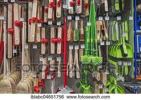 Stock Photograph - Brooms and brushes, hardware store, interior, Bavaria, Germany, Europe. Fotosearch